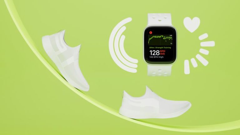 empty screen smartwatch mockup with white running shoes and geometric shapes in green background